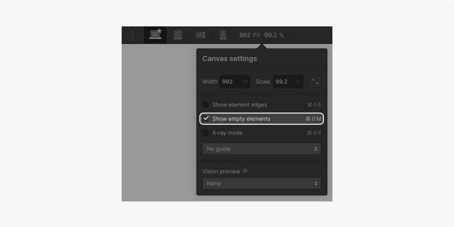 The Canvas settings panel displays a width text input field, scale text input field, a check box for show element edges (highlighted), show empty elements, x-ray mode and a dropdown for guidelines. It also displays a Vision preview section with a dropdown menu.