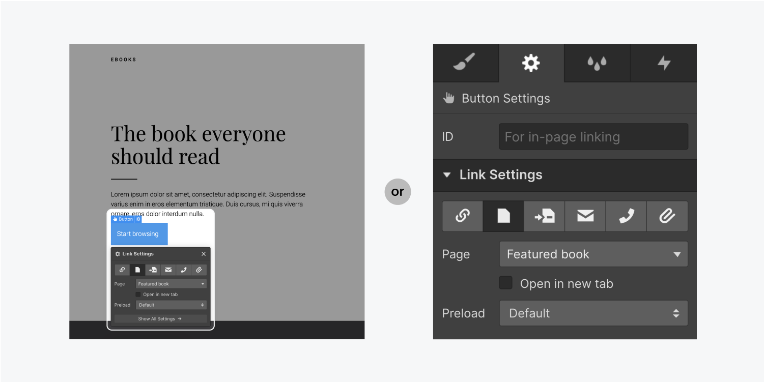 On the left, the cog icon is clicked and the link settings panel is open. On the right, the link settings are open in the element settings panel on the right of the designer.