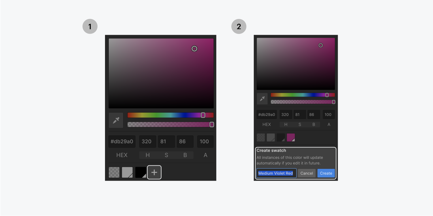 Step one on the left, click on the plus sign (highlighted) to add swatch as a global swatch. Step two on the right, name new global swatch and click create (highlighted).