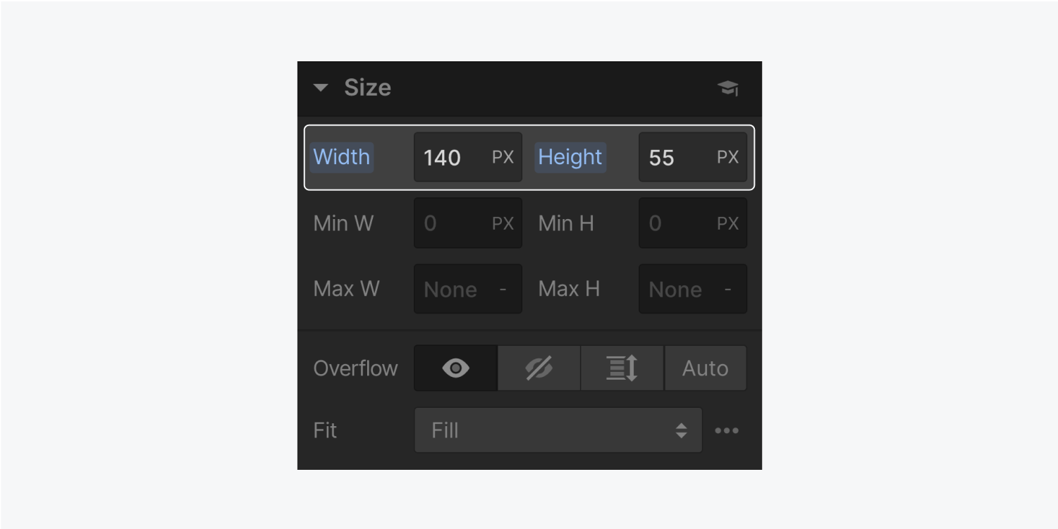 The size panel displays a width of 140 pixels and a height of 55 pixels. This area is highlighted on the panel.