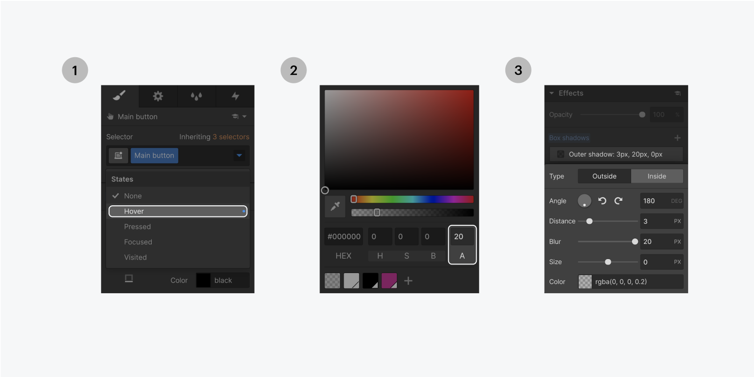 Step one on the left, select the Hover state from the selector states dropdown menu. Step two in the middle, enter 20 in the Alpha text input field. Step three on the right, customize the box shadow type, angle, distance, blur, size and color.