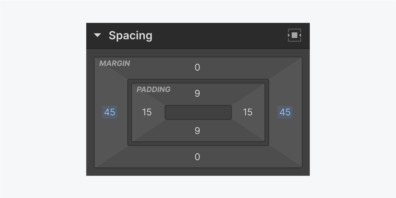 The spacing settings panel displays a margin of 45 pixels on both the left and right sides.