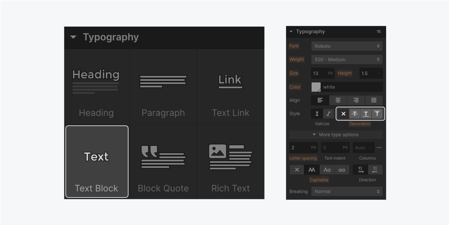 On the left, the typography section from the Add panel displays six elements. The elements are heading, paragraph, text link, text block, block quote and rich text. On the right, the typography style settings displays the decoration area (highlighted).