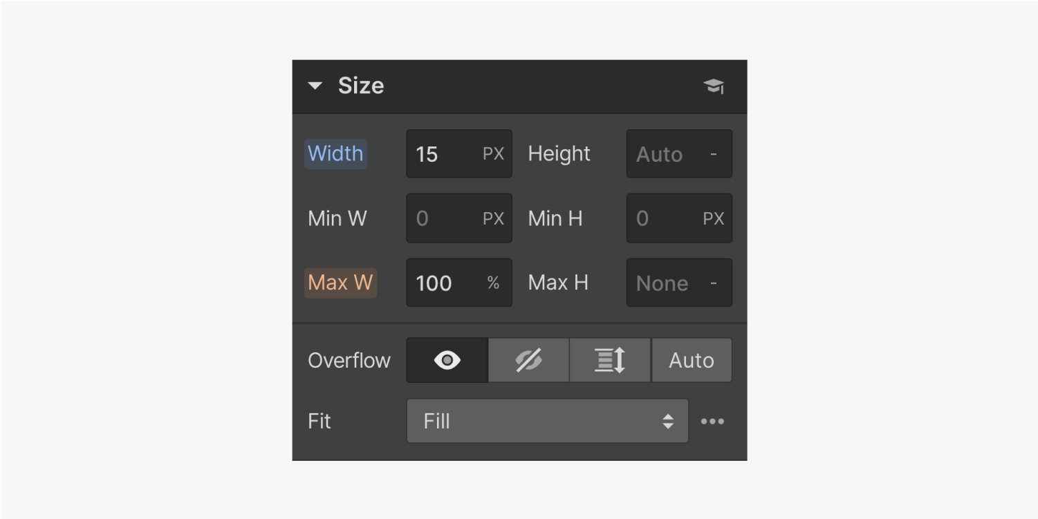 The size settings panel displays text input fields for width, height, minimum width, minimum height, max width and max height. It also displays the four Overflow buttons, visible, hidden, scroll and auto. There is a dropdown menu for Fit settings.