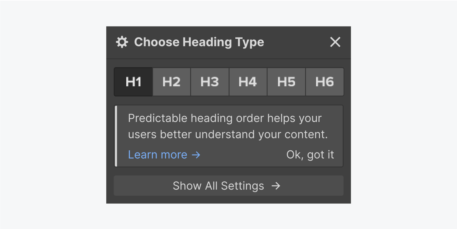 The Choose heading settings panel displays six heading options, a learn more notice and a show all settings button.