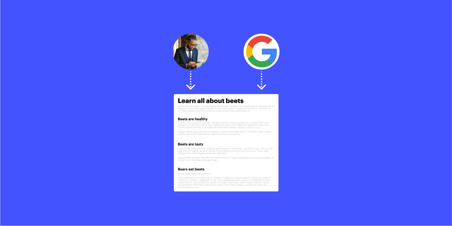 A diagram displaying the concept of a user and a search engine using headings. Below the user and search engine avatar, two arrows point to a mockup article titled Learn all about beets with headings and paragraphs.