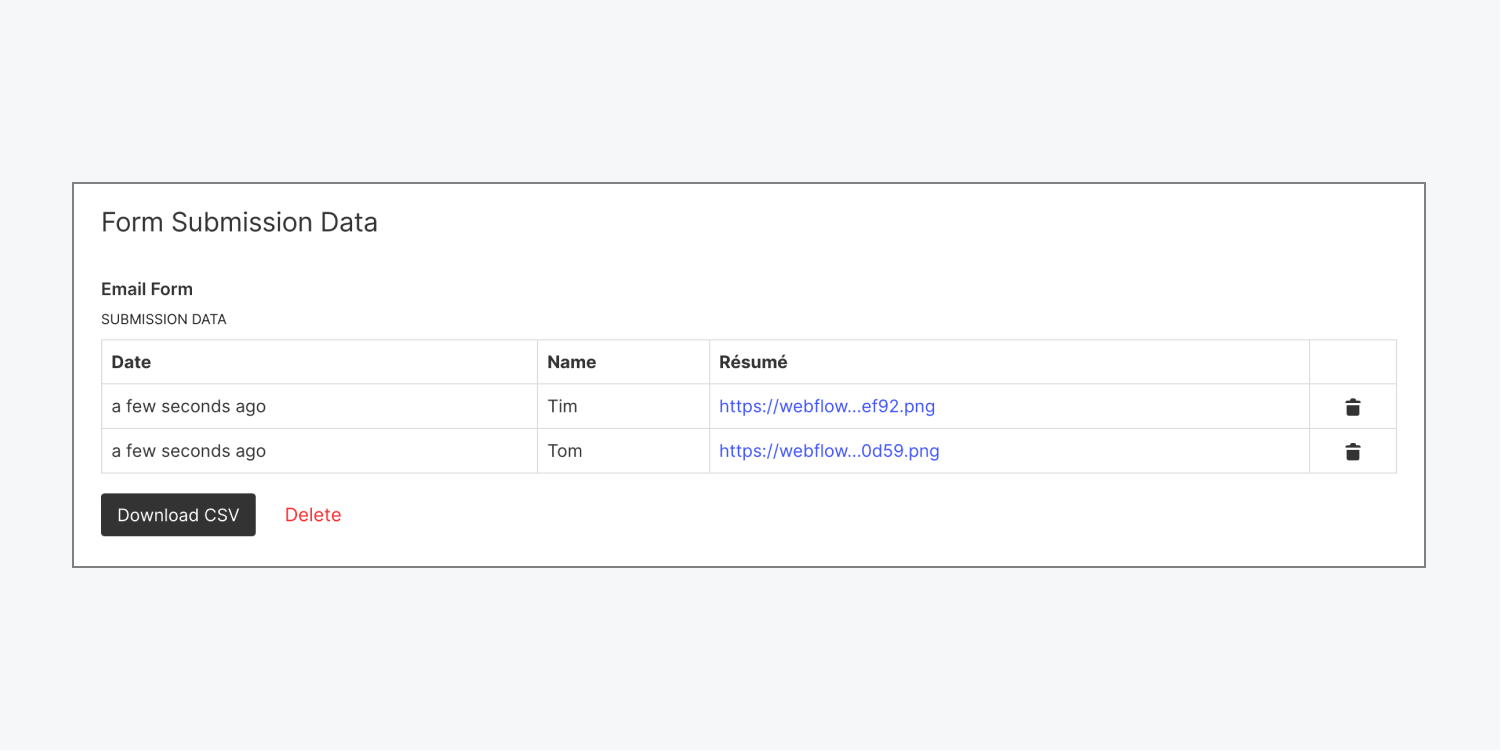 Form submission data for an example “Email Form” within the Forms tab of Webflow site settings. This form collects the date of submission, the name of the submitter, and a résumé attachment.