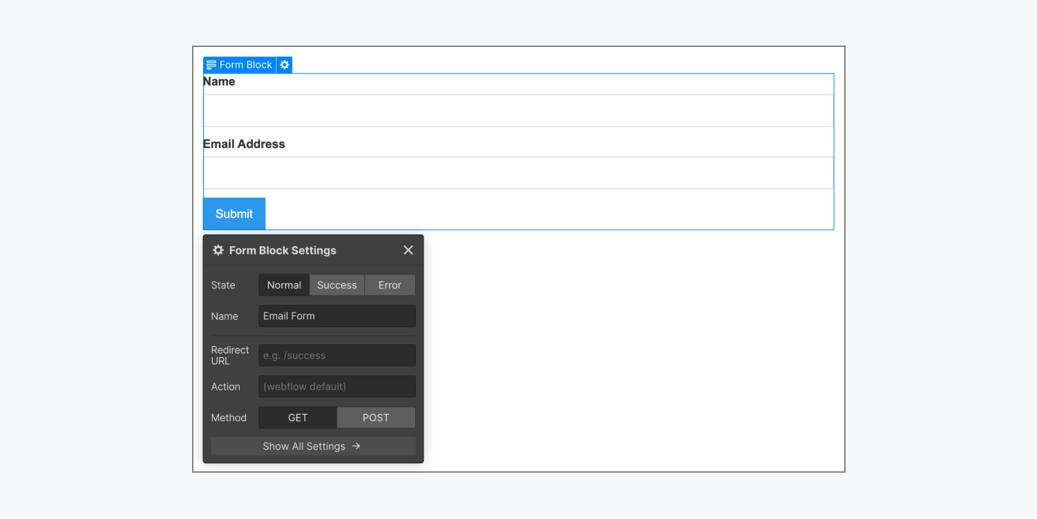 The default Form block element on the Webflow canvas, with the Form block settings modal window open.