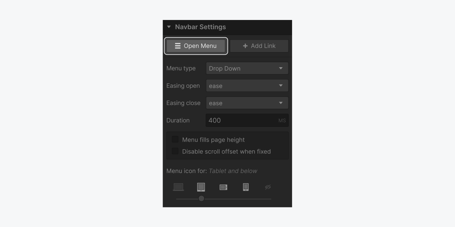 The Open menu button is highlighted in the Navbar settings panel.