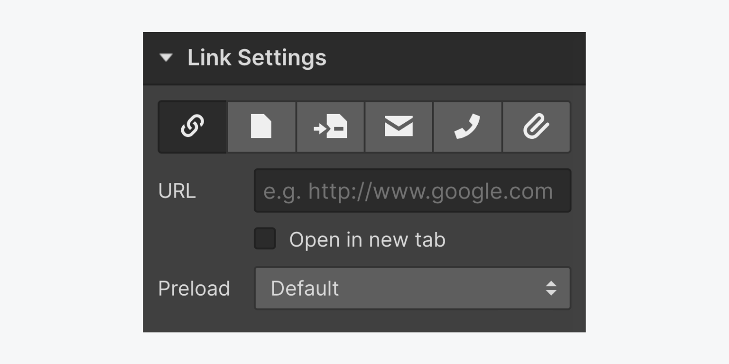 The link settings panel displays six link style buttons, a URL text input field, a check box for "Open in new tab" and a dropdown menu for Preload.