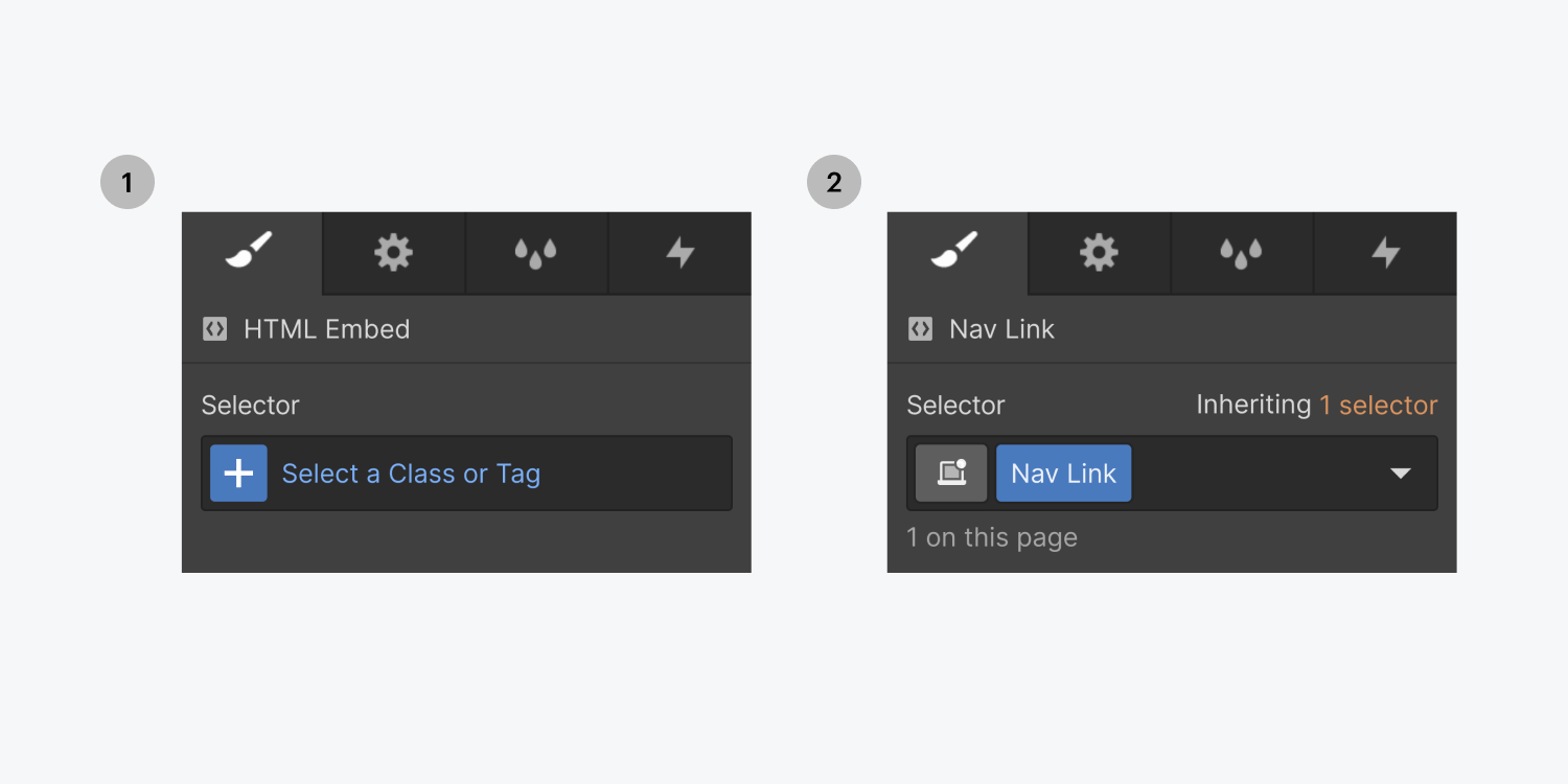 Step one on the left, click the plus icon inside the selector. Step two on the right, name the new class Nav Link.