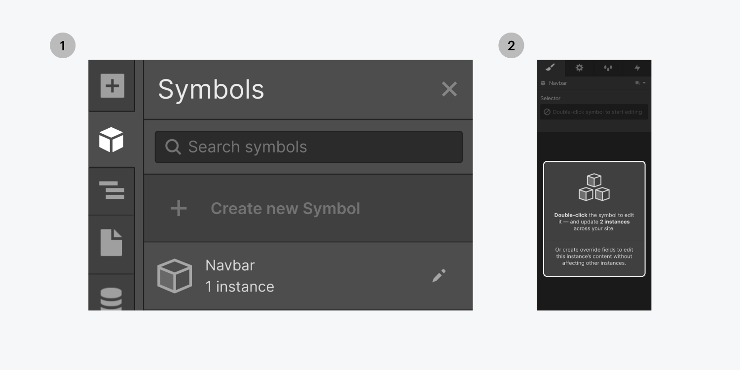 Step one on the left, select the Navbar symbol from the symbols panel. Step two on the right, view the highlighted area displaying the amount of instances the symbol is used.