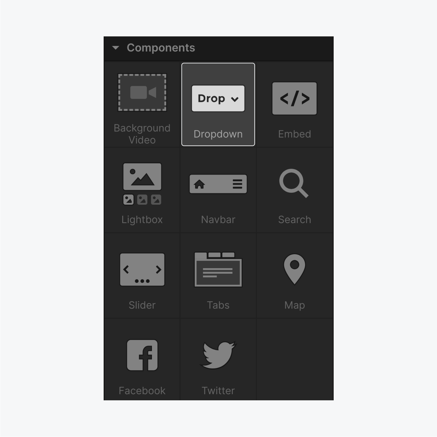 The eleven elements that are included in the Components section are Background Video, Dropdown (highlighted), Embed, Lightbox, Navbar, Search, Slider, Tabs, Map, Facebook and Twitter.