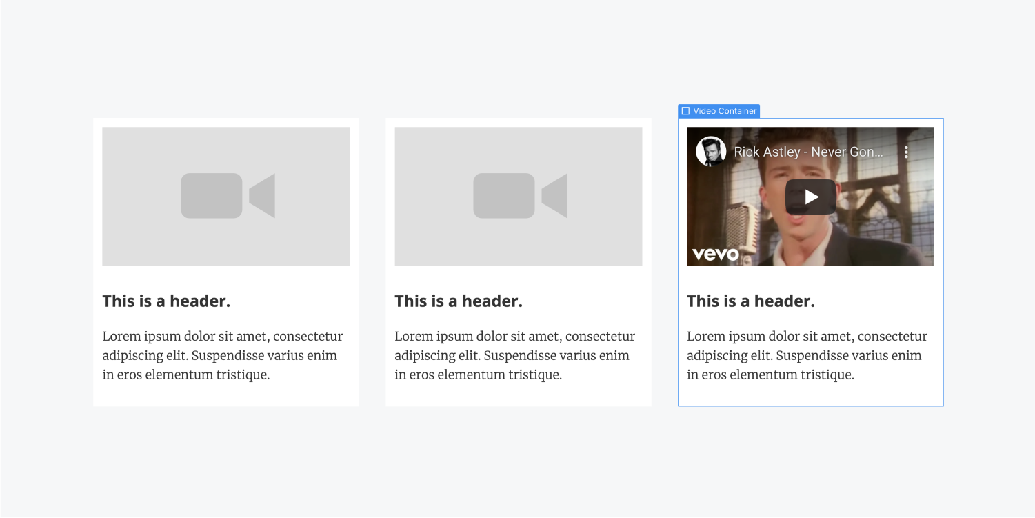 Three video containers with a video preview, header and paragraph element. 