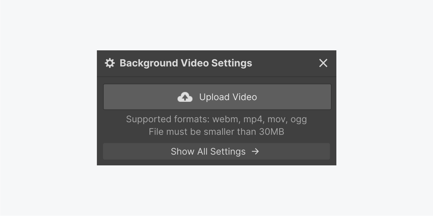 The background video settings panel displays an upload video button and a Show all settings button.