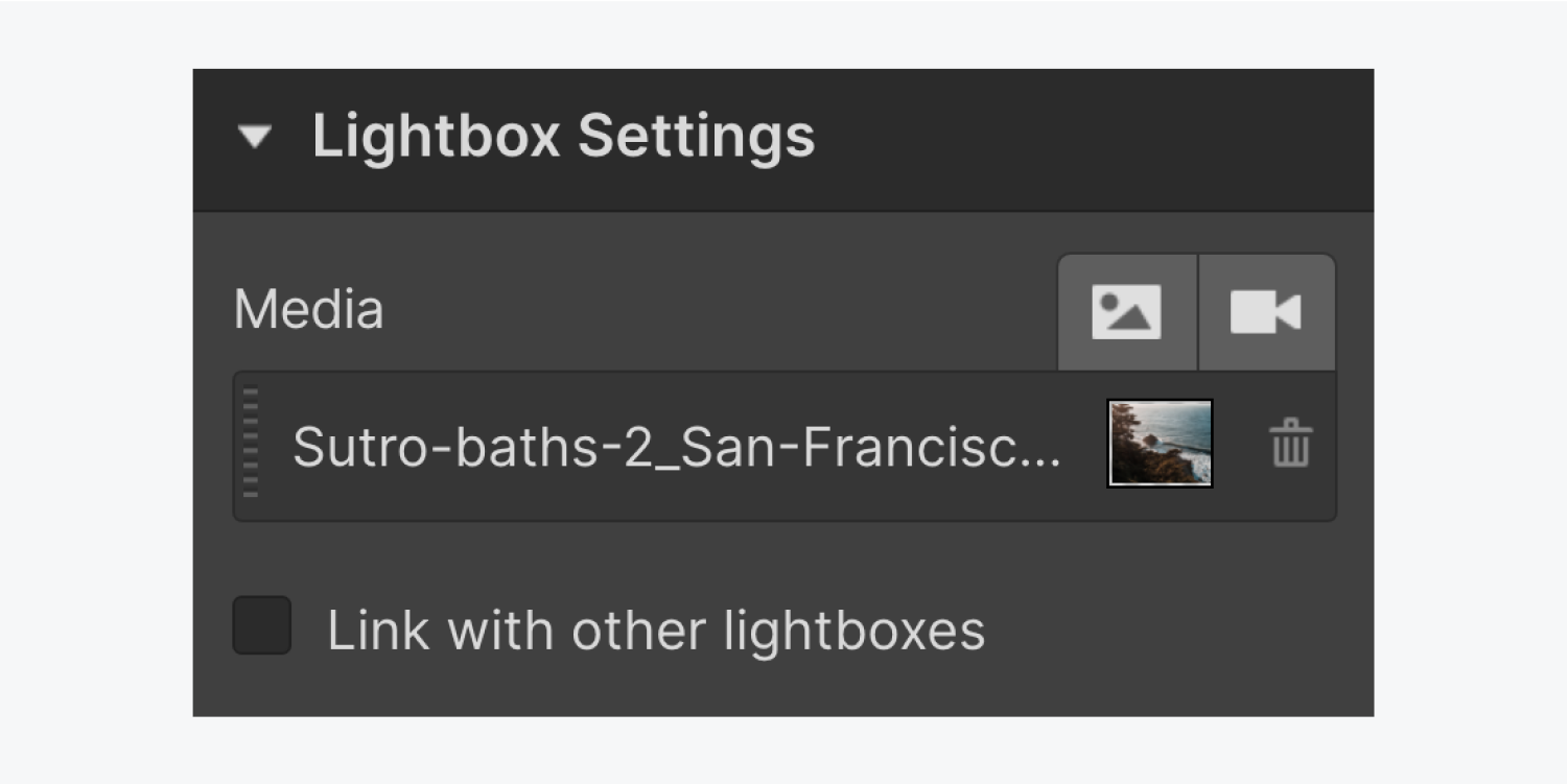 The lightbox settings panel includes a button to add an image, a button to add a video, the name and thumbnail of an image already added with a delete icon to the right. There is also a check box for linking with other lightboxes.