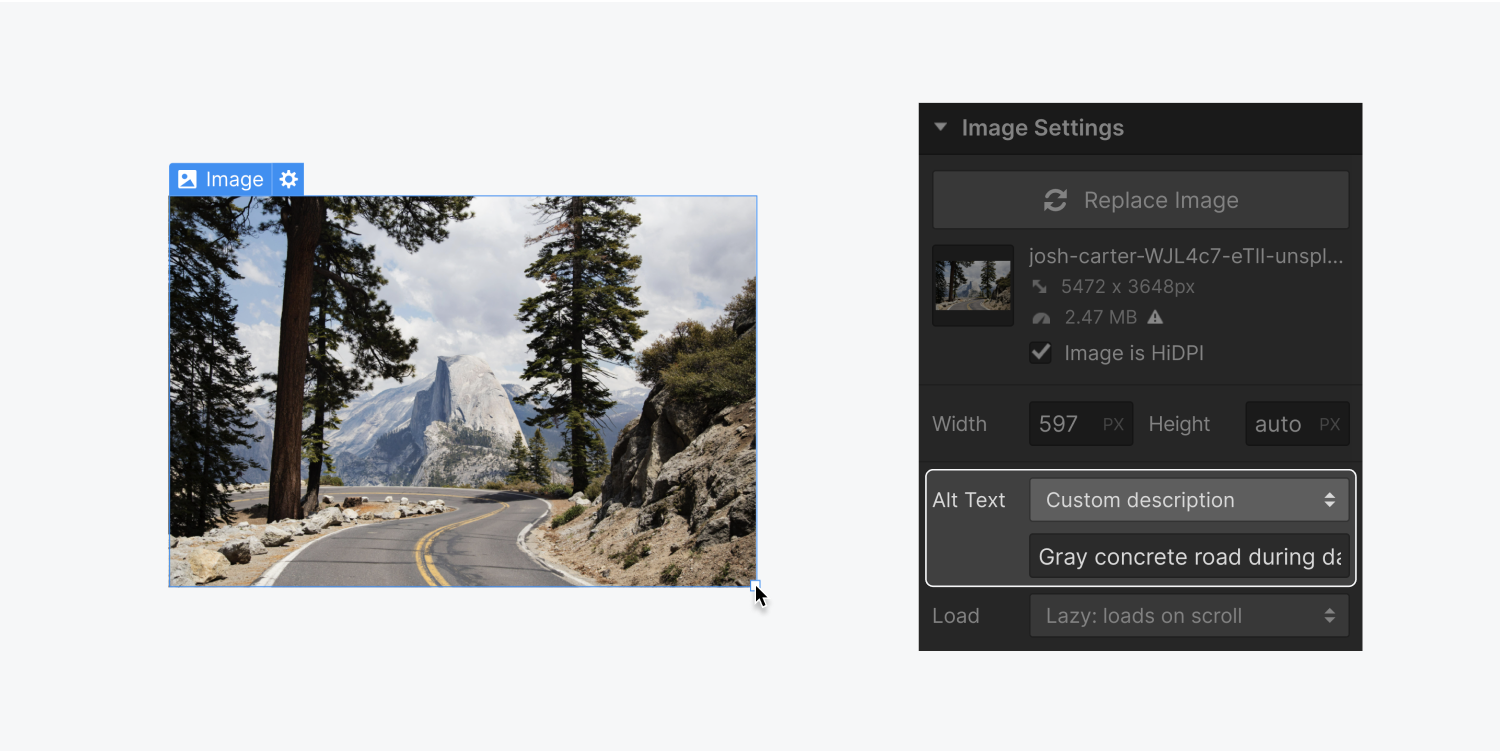 On the left, an image element is being resized by clicking and dragging the bottom right anchor point of the image box. On the right, the image settings includes a highlighted area called Alt Text with a custom description of the image on the left. The alt text begins with "Gray concrete road during...".