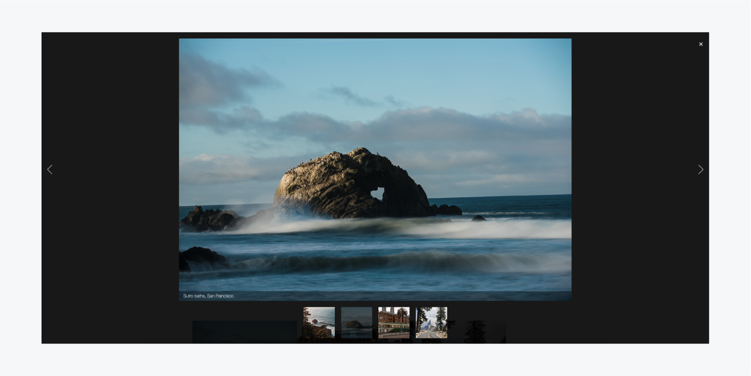 A light box group containing four images is previewing an image of the Sutro baths, San Francisco. There is a caption added that reads "Sutro baths, San Francisco"