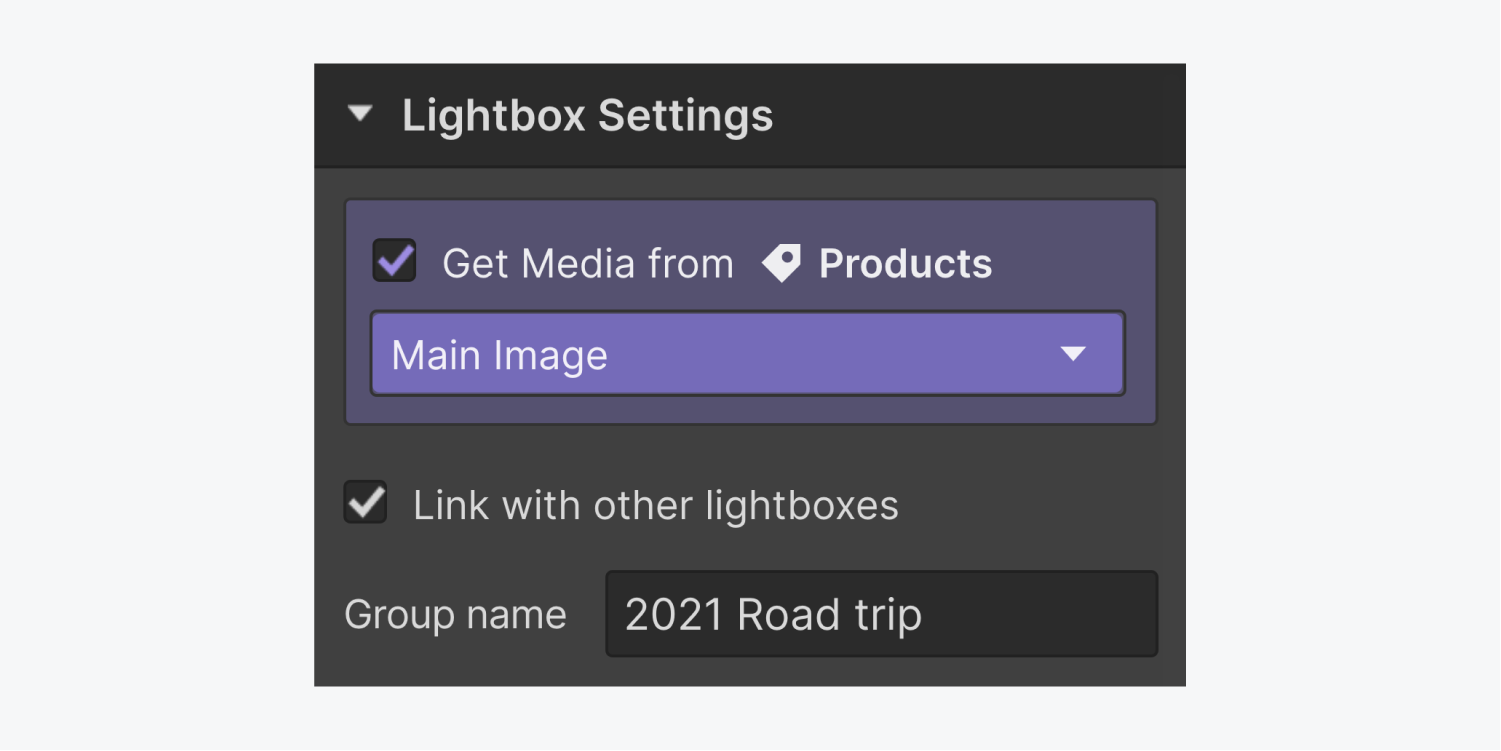 The lightbox settings panel includes a checked box for "get media from products" getting the main image, a checked box for link with other lightboxes and a group name titled 2021 Road trip.