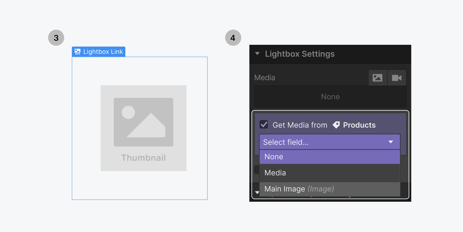 Step three on the left, select the light box link element. Step four on the right, select the main image option from the collection list "get media from" drop down menu within the Lightbox settings panel. 