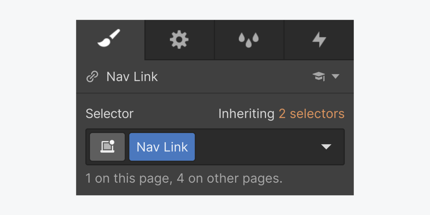 The style panel displays a nav link selected with a class name Nav Link. It also displays how many are on this page, 1, and on other pages, 4.