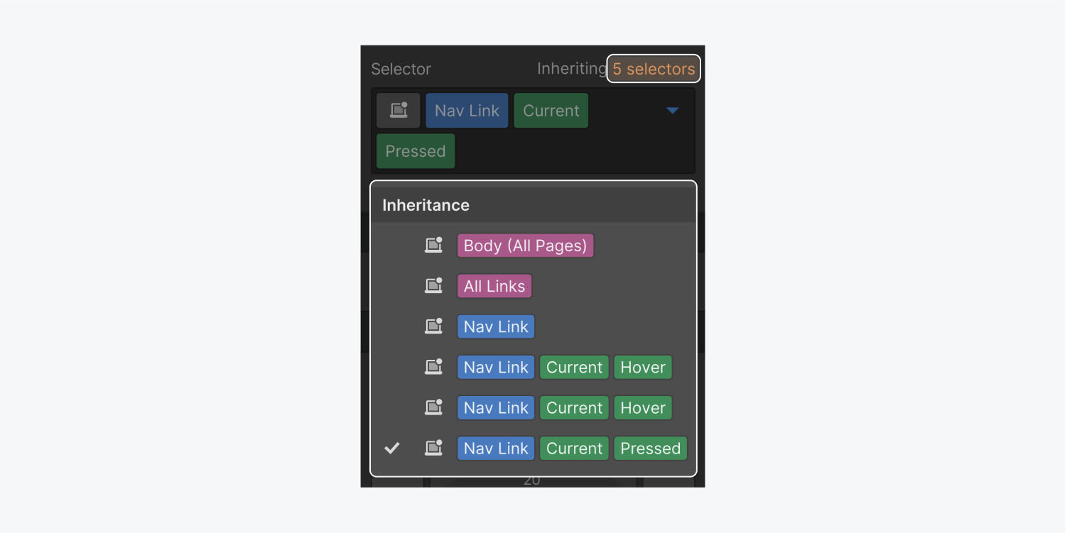 The inheritance indicator is highlighted showing there are 5 selectors from which styles are being inherited from. The inheritance dropdown menu is highlighted as well showing the different states.