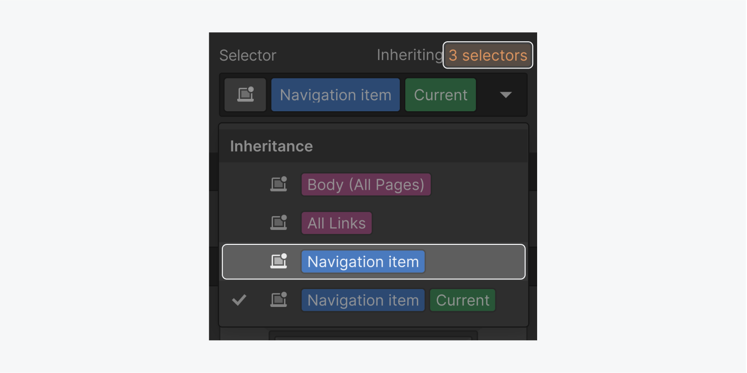 The default base class of a link element called Navigation item is highlighted in the inheritance drop down menu. The orange 3 selectors tag is also highlighted in the inheritance indicator.