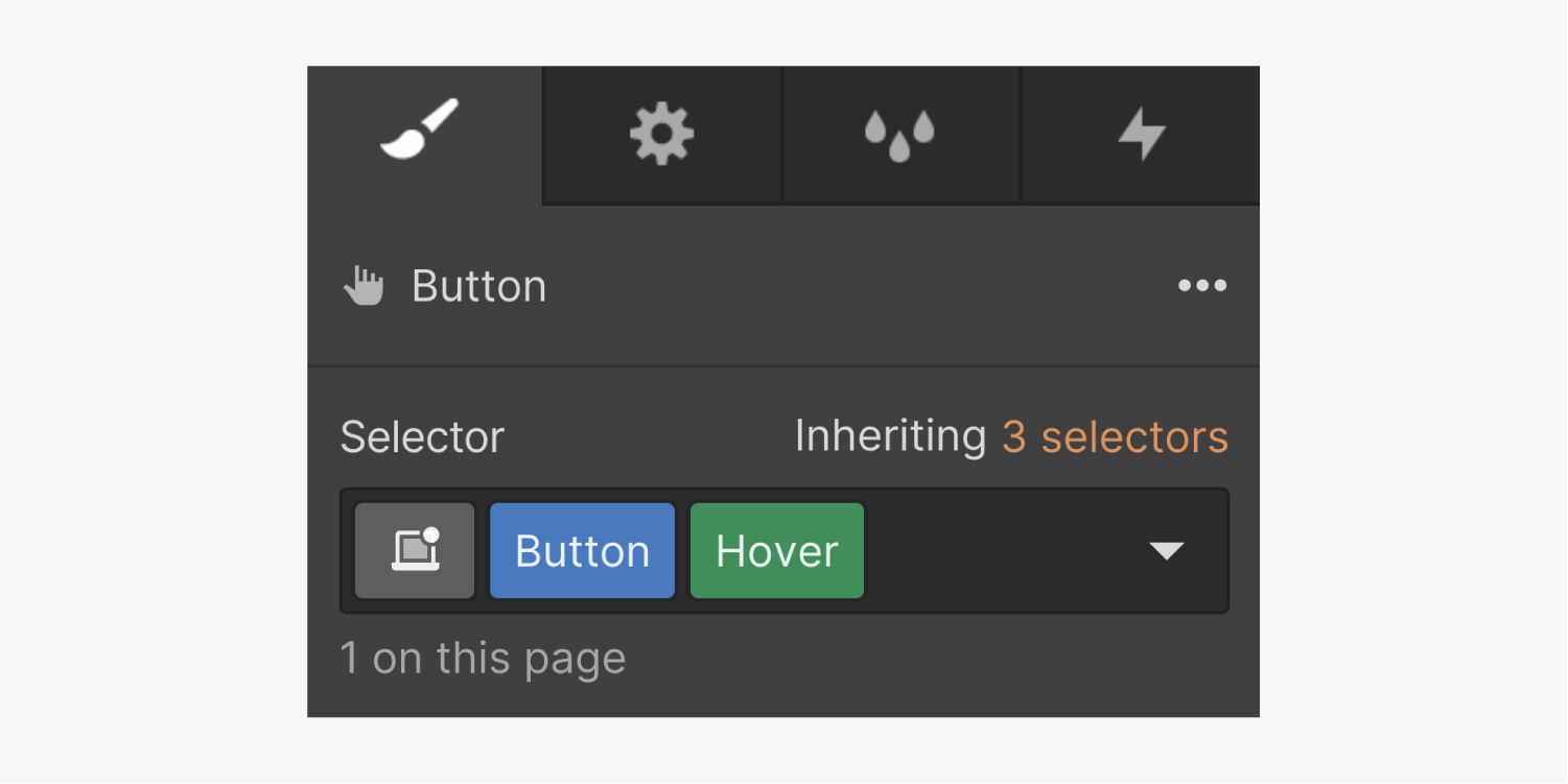 A button element is selected and showing a green hover class state in the selector section.