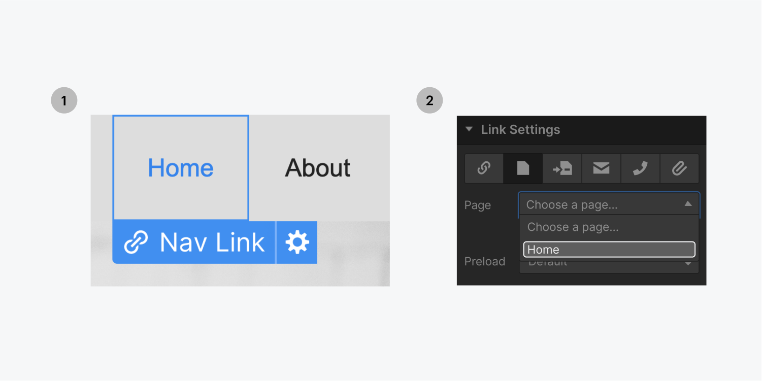 Step one on the left, select a link element. Step two on the right, select the home page from the link settings page drop down menu to link the element to the home page.. 