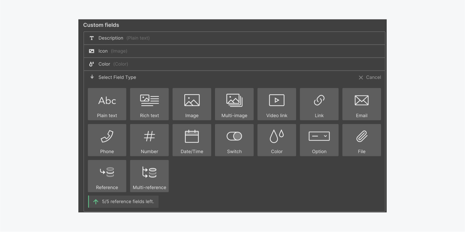 The 16 field types that can be selected under custom fields are plain text, rich text, image, multi-image, video link, link, email, phone, number, date/time, switch, color, option, file, reference and multi-reference.