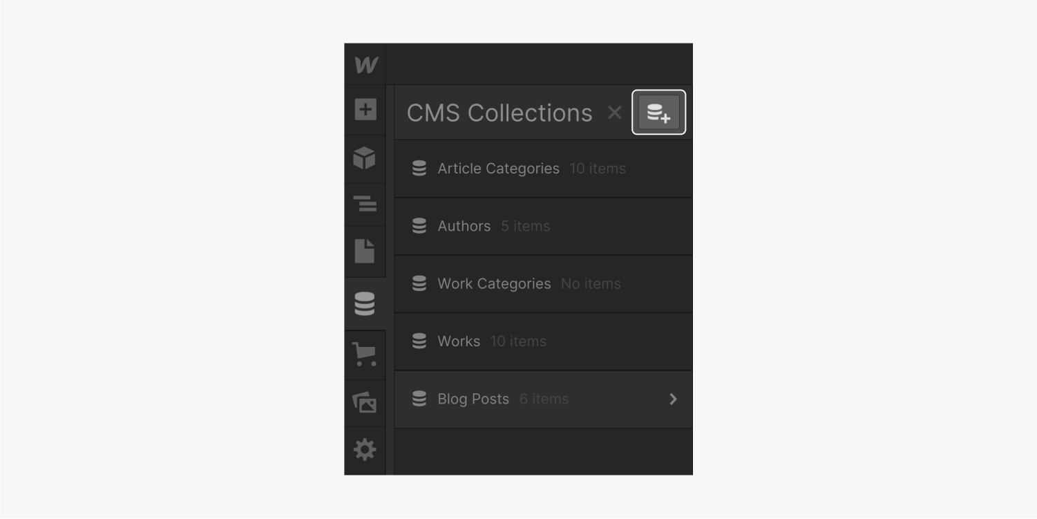 The CMS Collections panel displays five lists and it includes a "Create new collection" button to the right of the close panel icon. The "Create new collection" button is highlighted.