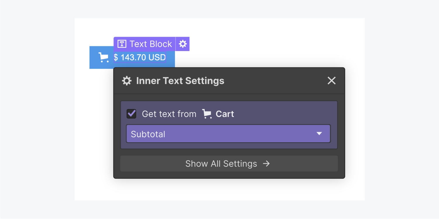 A text block inner text settings panel includes a check box to "Get text from" Cart. The subtotal field is selected in the drop down menu. There is also a show all settings button.