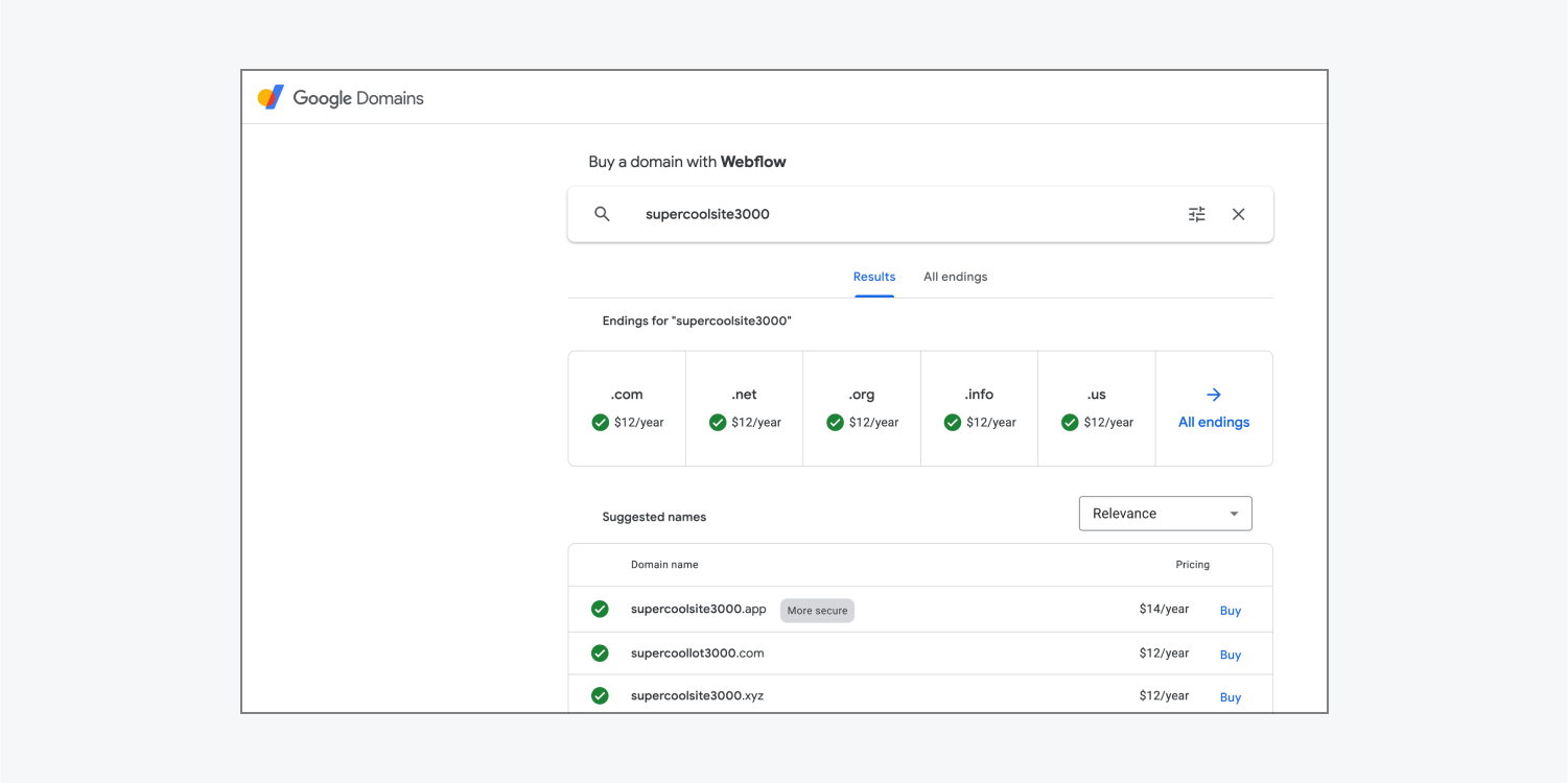 Google’s “buy domain” page allows you to search for and purchase available domains. 