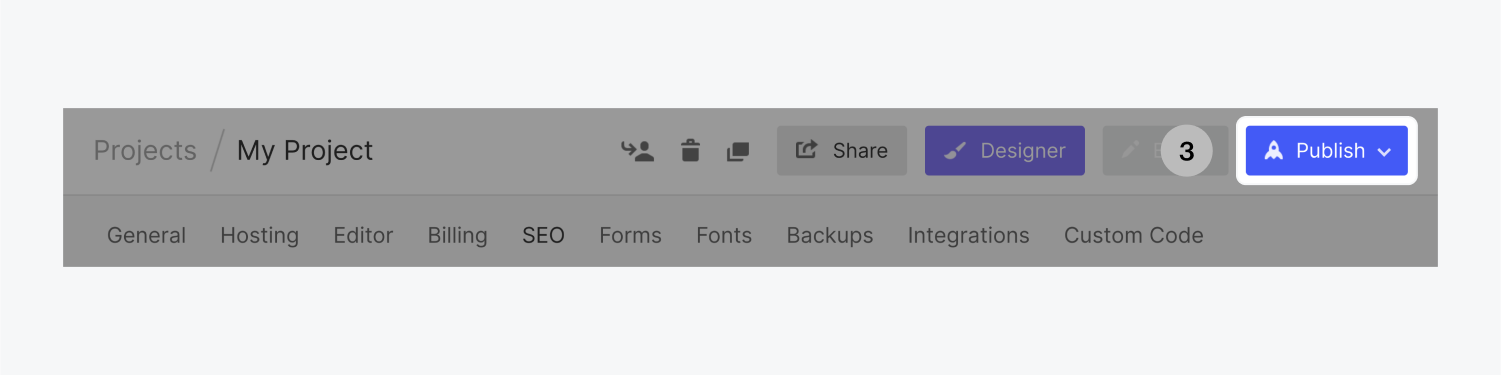 The publish button is highlighted in the My Project navigation bar.