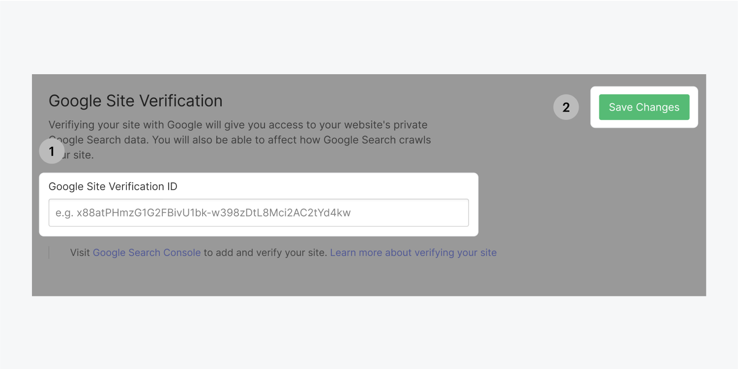 The Google Site Verification section has two highlighted elements. The Google site verification ID input field and Save Changes button are highlighted.