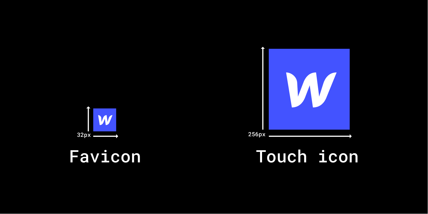 A diagram includes two Webflow logo W icons. Dimensions are specified with arrows and a digit number. On the left, the favicon should be 32 px.