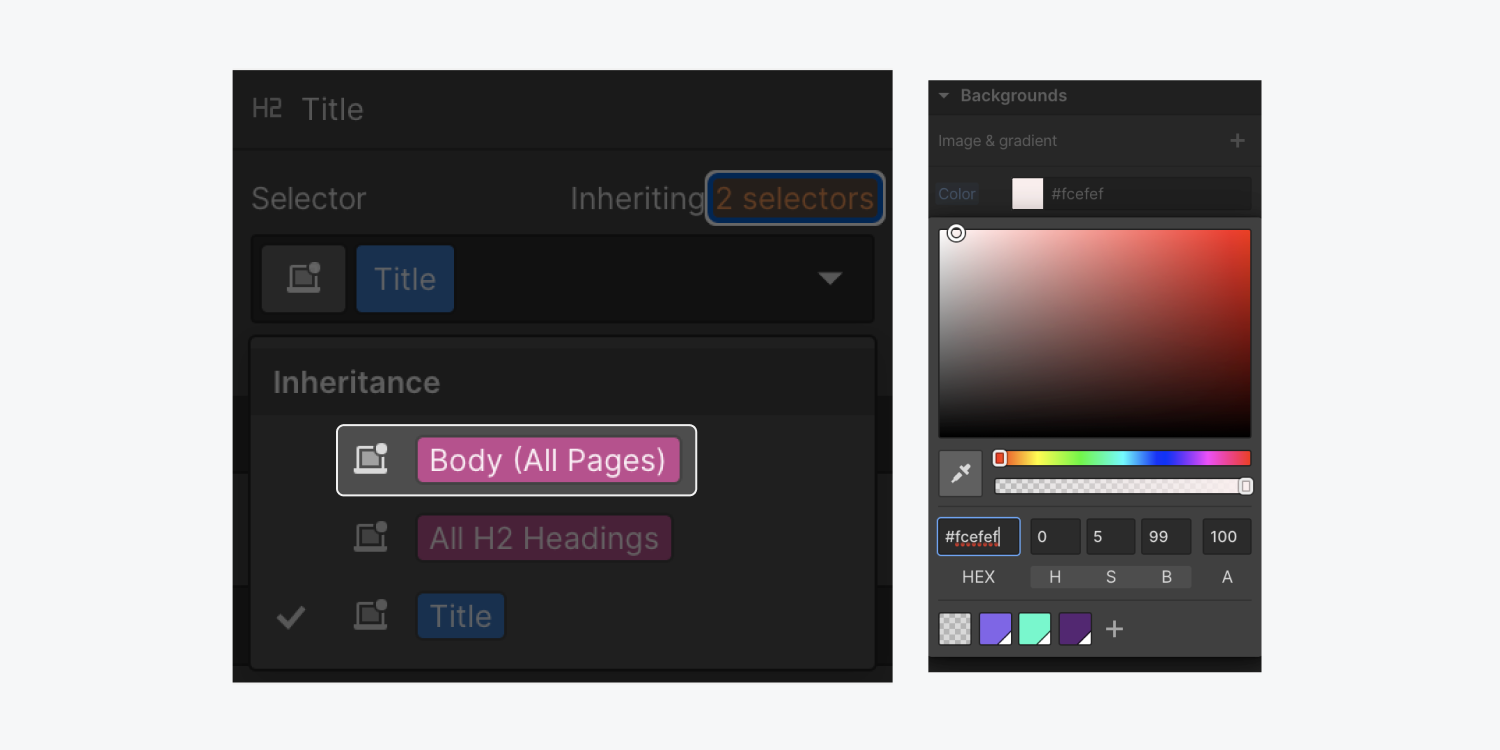 The Selector field dropdown in the Style panel, with the Body (All pages) tag highlighted. In the Backgrounds section of the Style panel, the color picker is open to choose a background color.