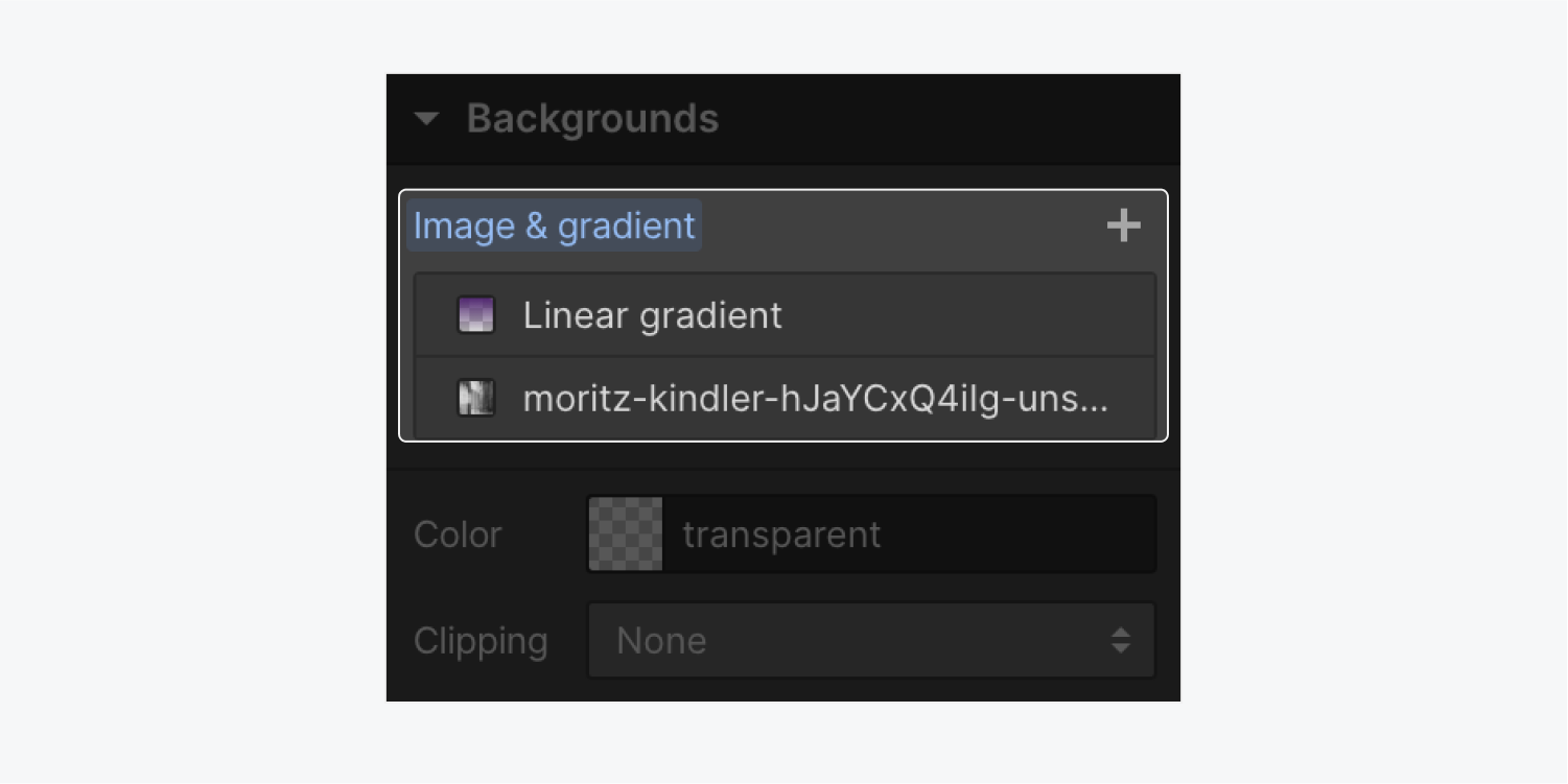 A linear gradient and image are highlighted within “Image & gradient” in the Backgrounds section of the Style panel. 