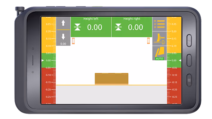 Unicontrol 2D run screen showing blade height left and right against a laser reference