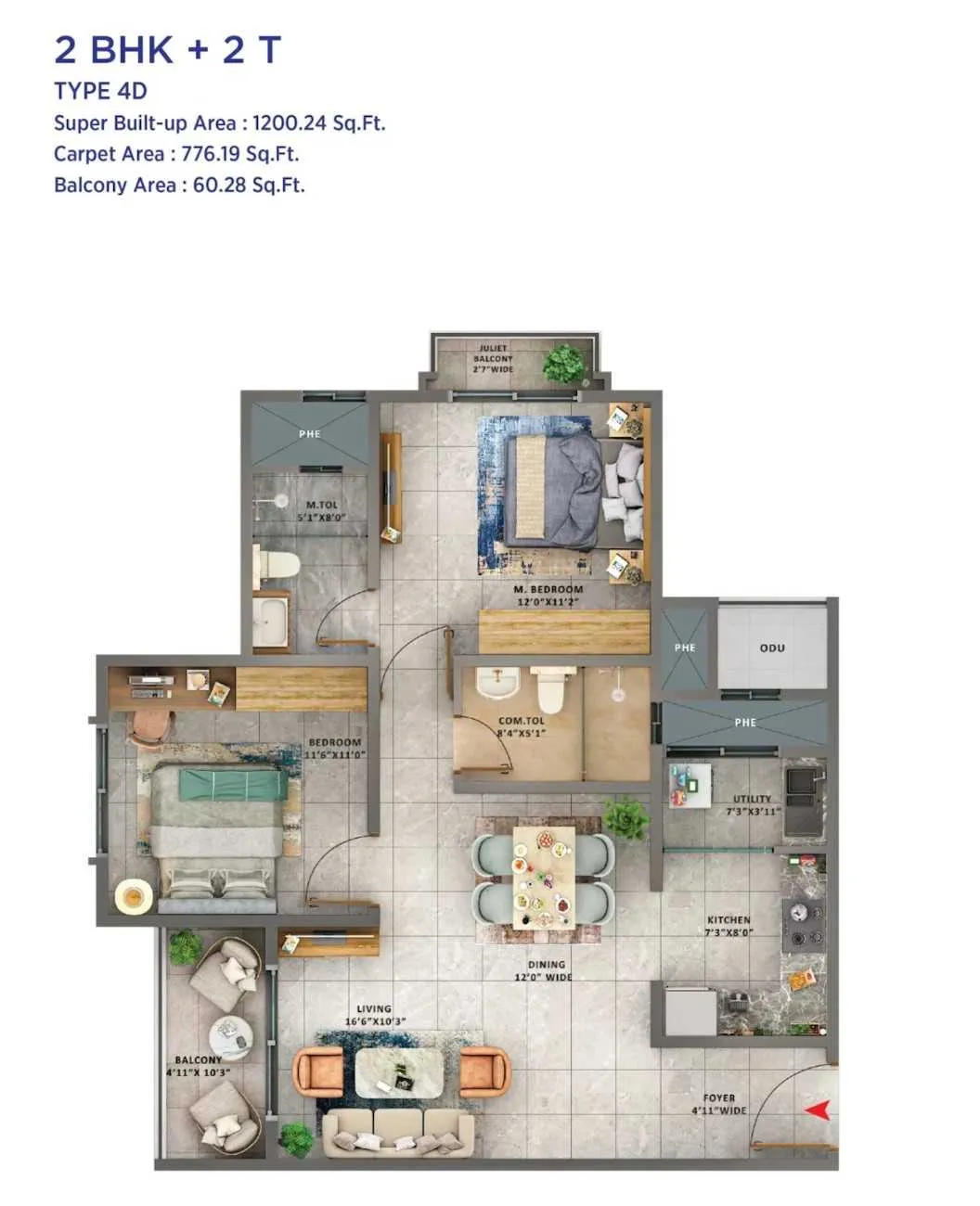 2 BHK + 2 T (1200.24 sqft - Type 4D)