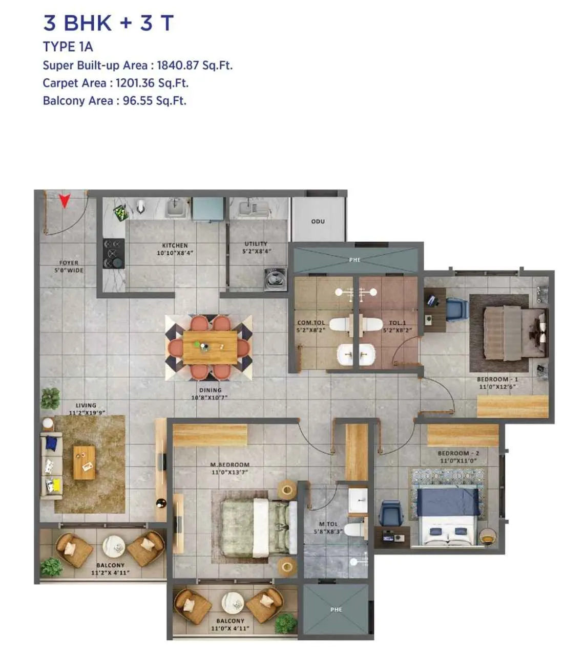 3 BHK + 3 T (1840.87 sqft - Type 1A)