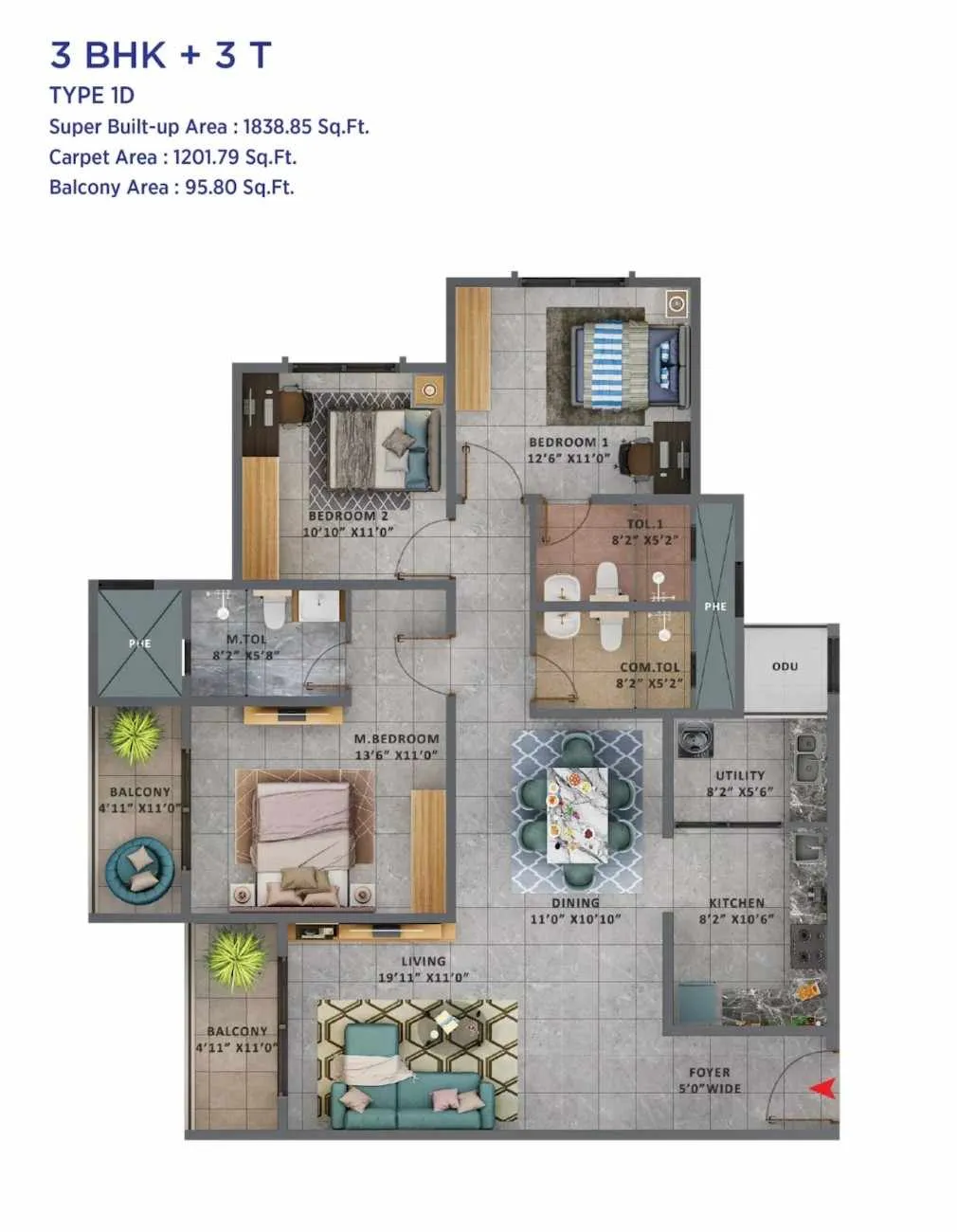 3 BHK + 3 T Floor Plan - Type 1D