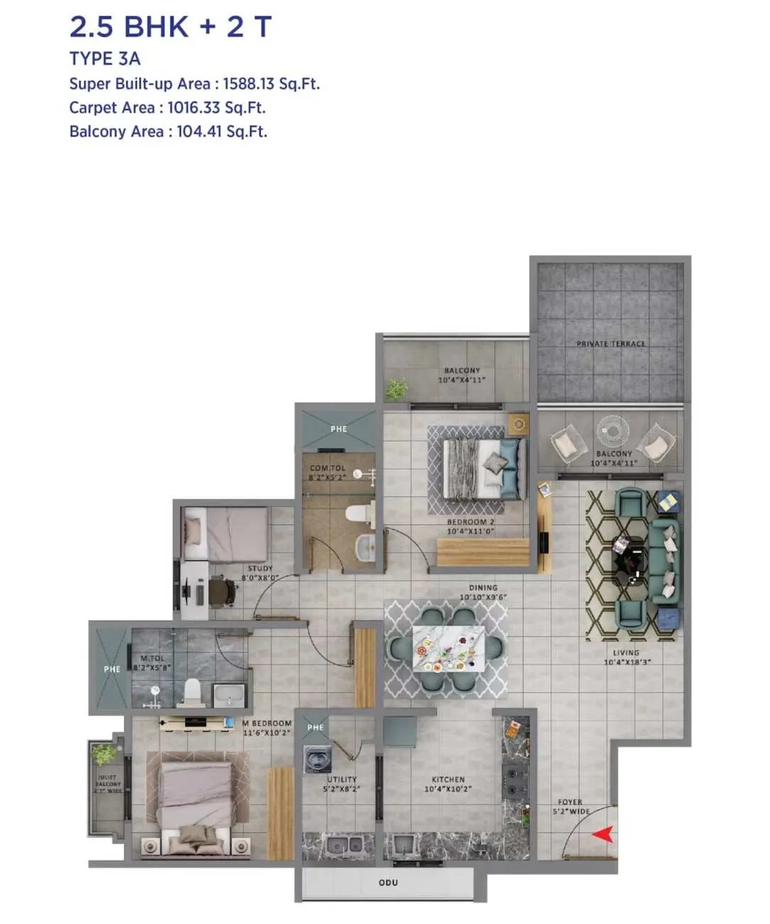 2.5 BHK + 2 T (1588.13 sqft - Type 3A)