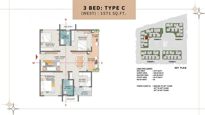 3BHK - Type C West (1571 sqft)