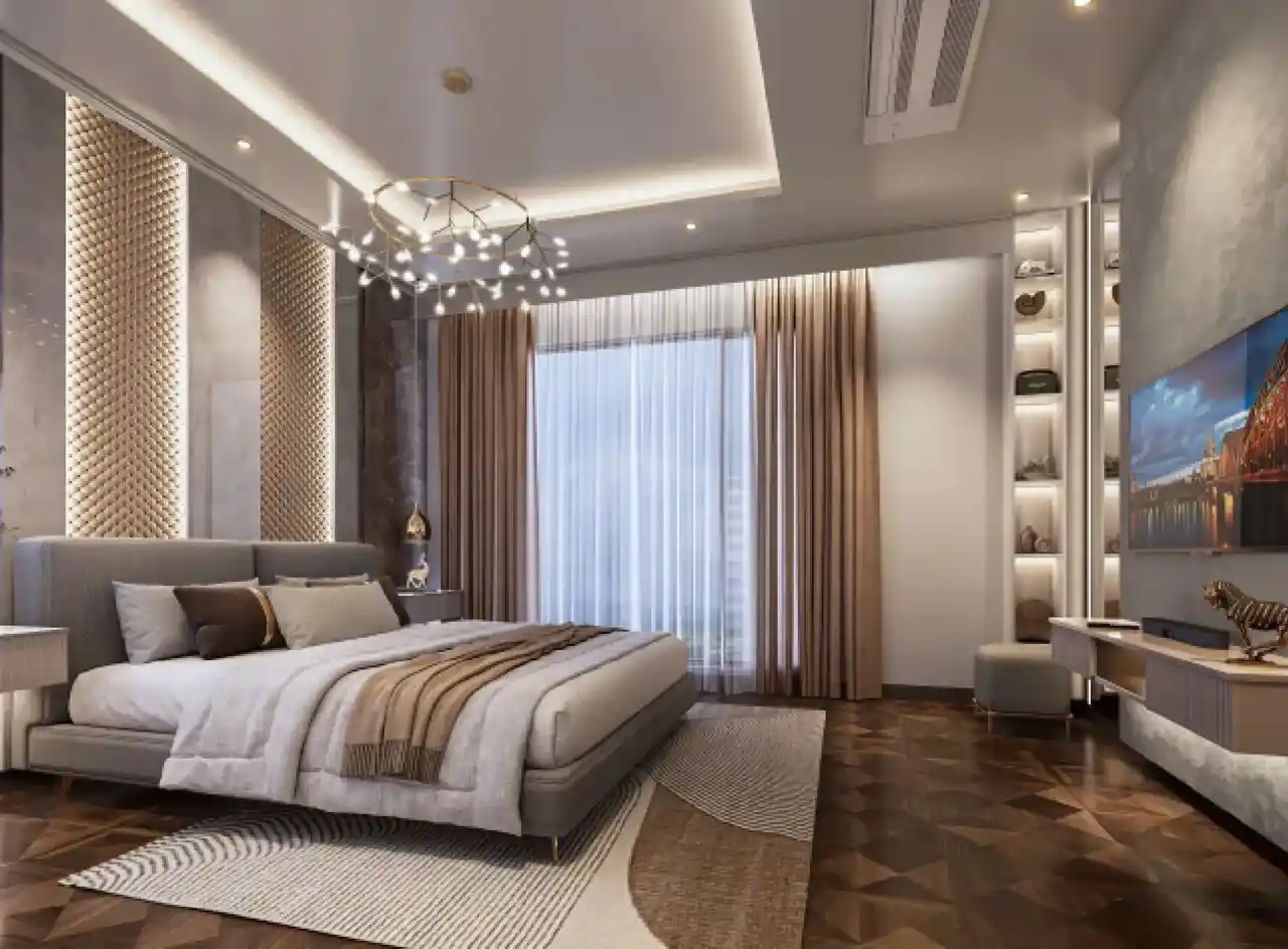 Concorde Eleve bedroom: bed, chandelier, TV.