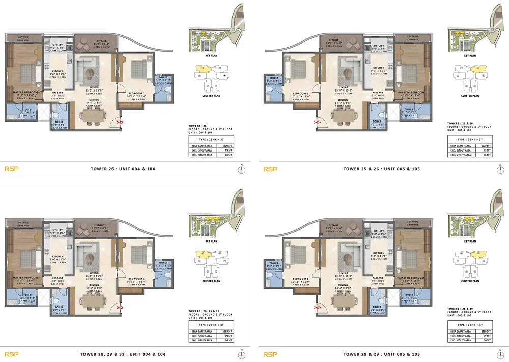 2BHK + 3T (1020 sq. ft.) Floor Plans and Configurations