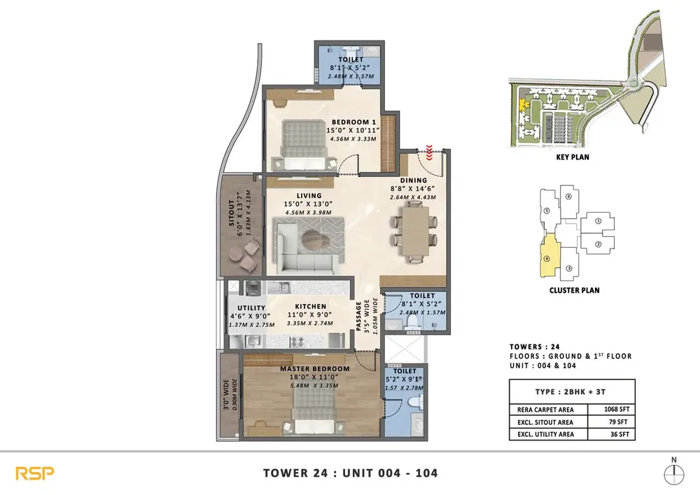 2BHK + 3T (1068 sq. ft.) Floor Plan and Configurations