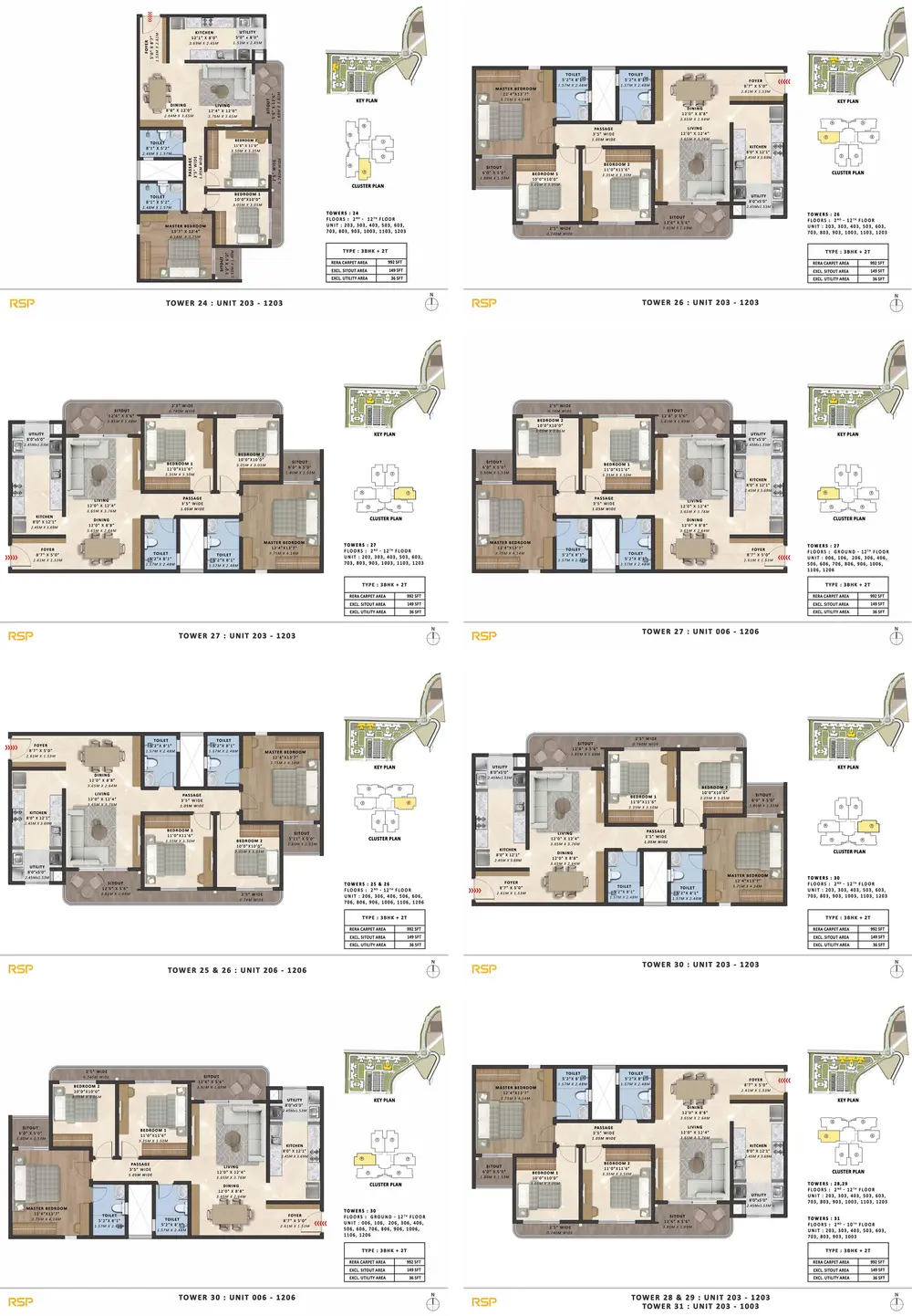 3BHK + 2T (992 sq. ft.) Floor Plans and Configurations