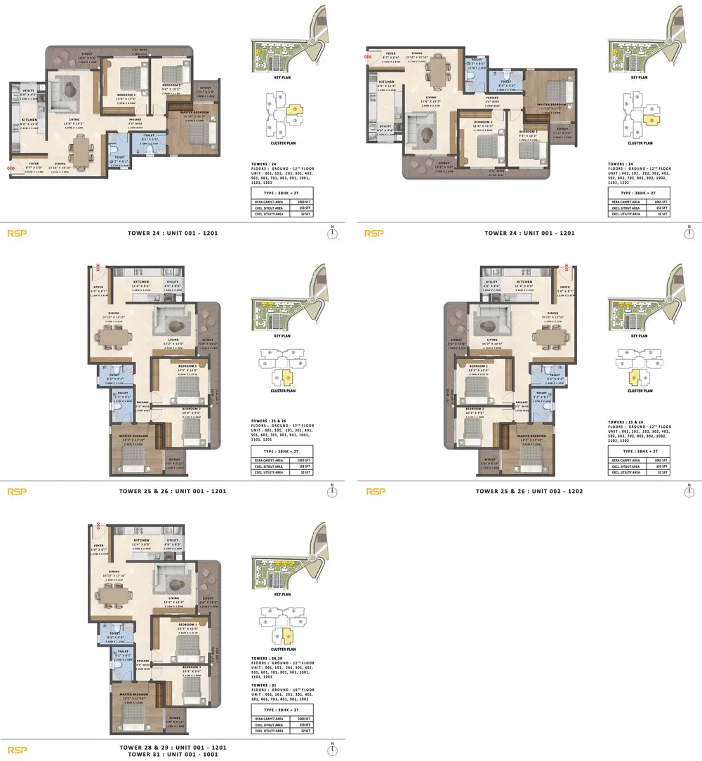3BHK + 2T (1063 sq. ft.) Floor Plans and Configurations