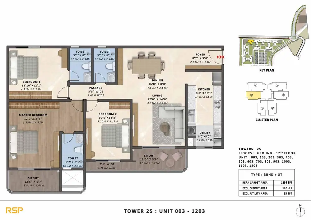 3BHK + 3T (1256 sq. ft.) Floor Plan and Configurations